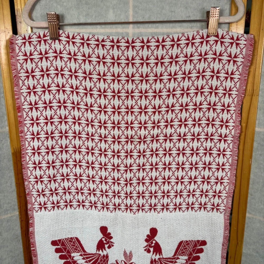 Vintage Rushnik Rostextile Uzor Rushnyk Red White Jacquard Woven Rooster Folk